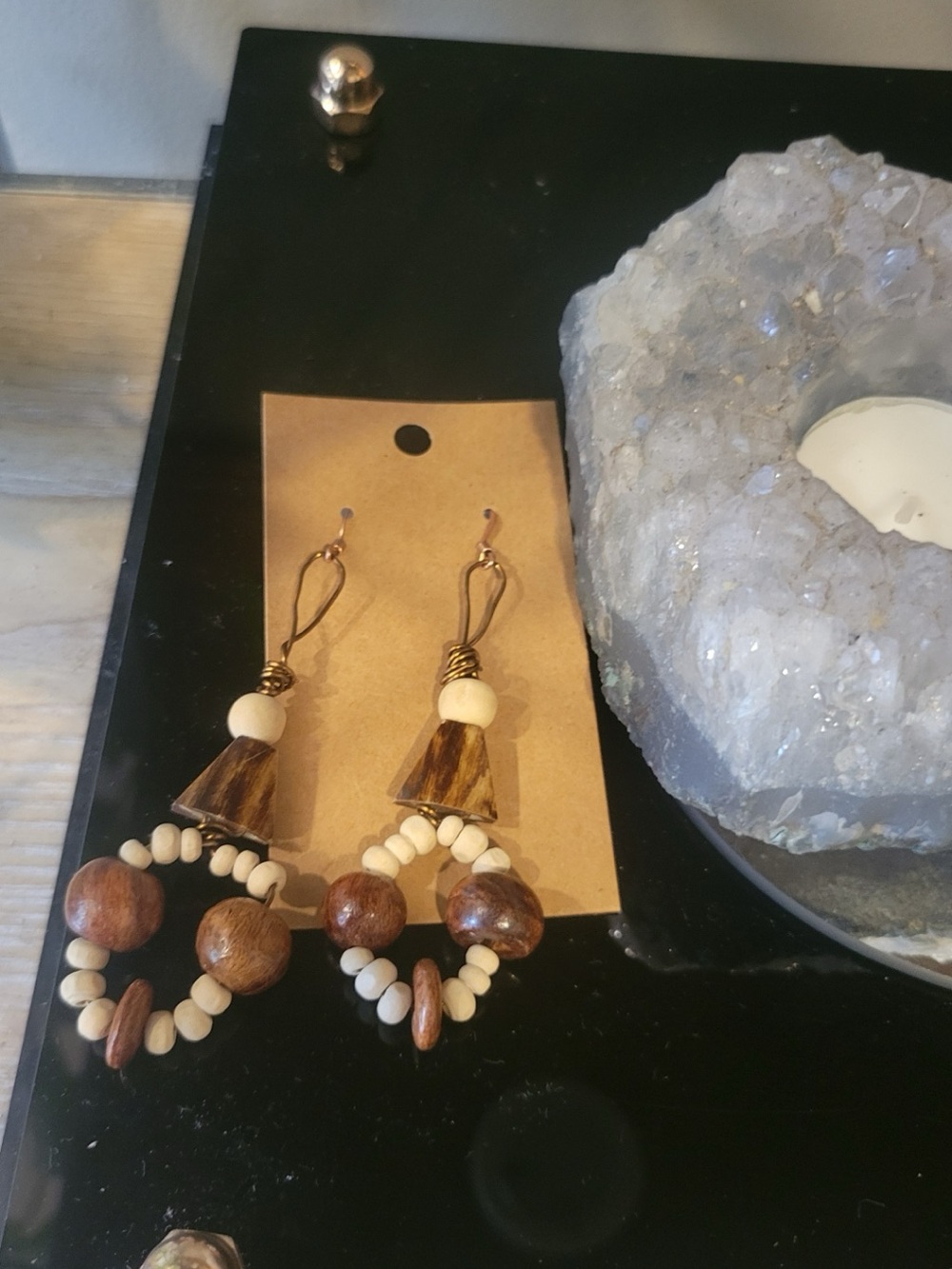 Boho Natural Wood and Cream Bead Drop Earrings